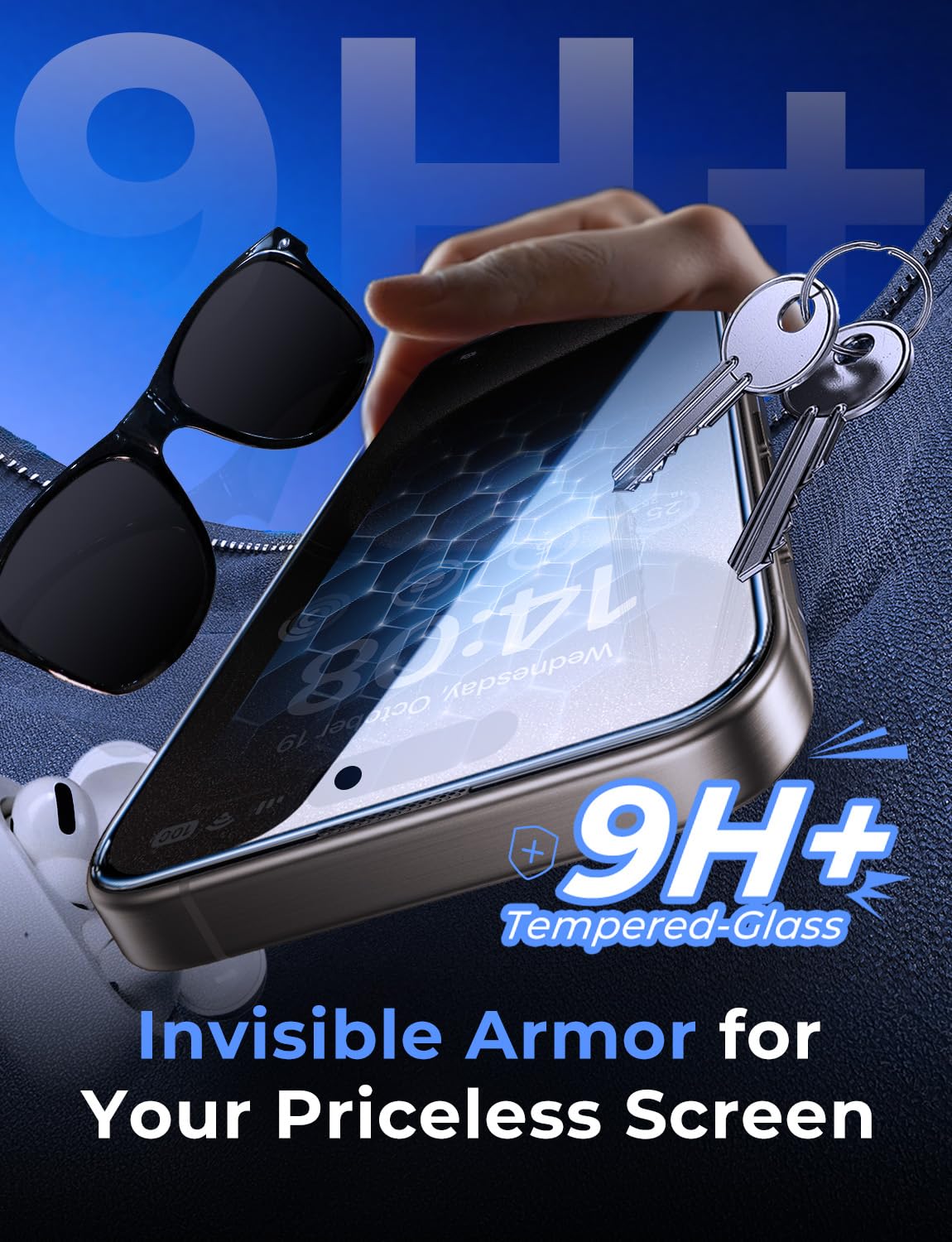 MAGIC JOHN protector aplicado en iPhone 15 Pro Max mostrando pantalla limpia y privada