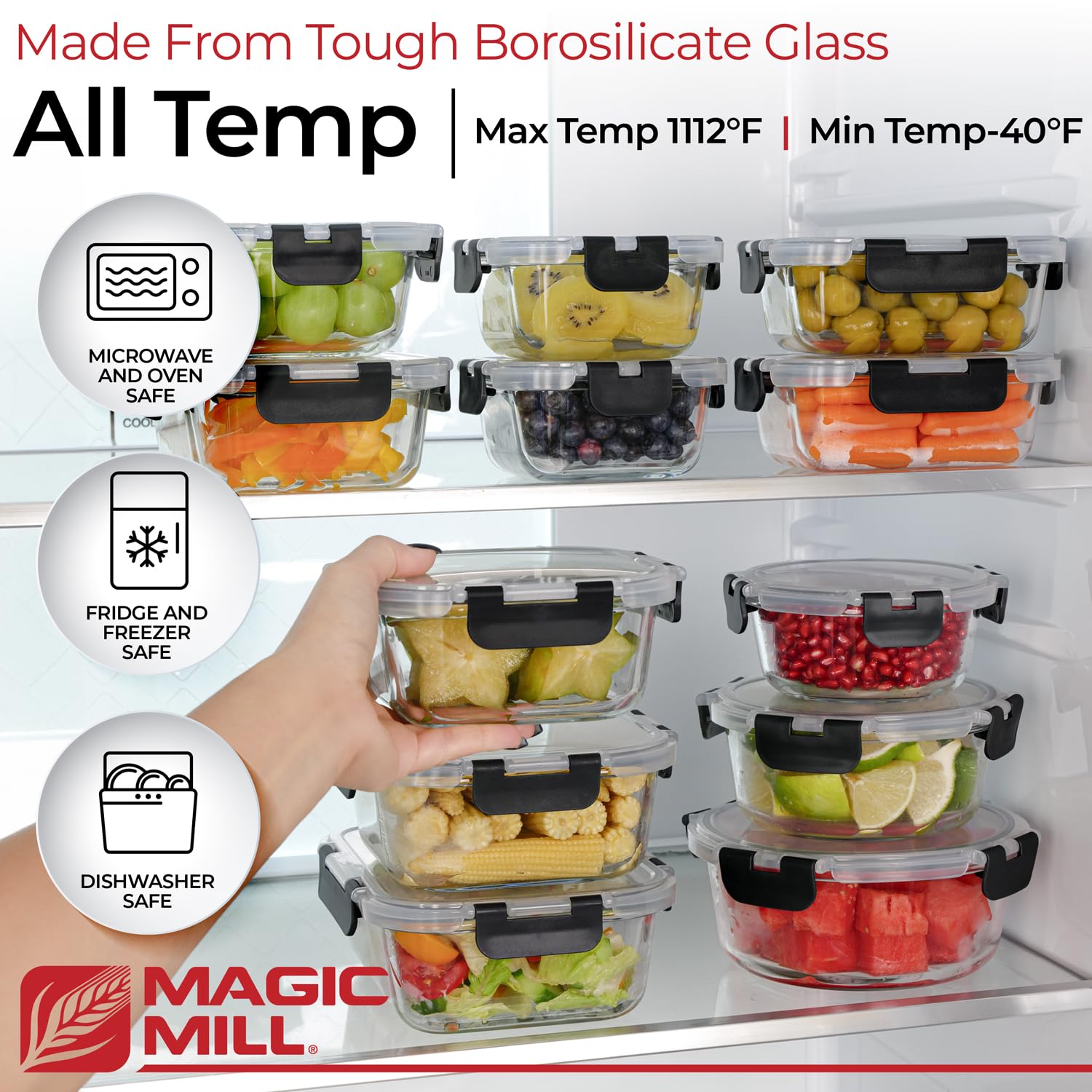 Magic Mill detalle de tapa con cierre snap-lock y sello de silicona para evitar filtraciones
