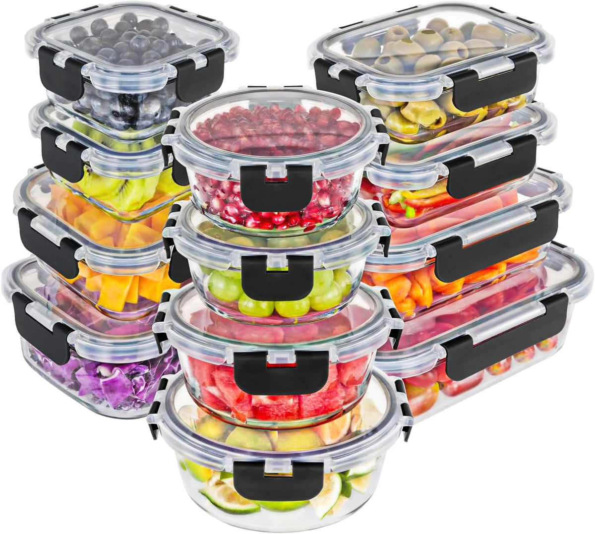 Magic Mill frontal del set de 24 piezas mostrando recipientes y tapas, ahorro de espacio