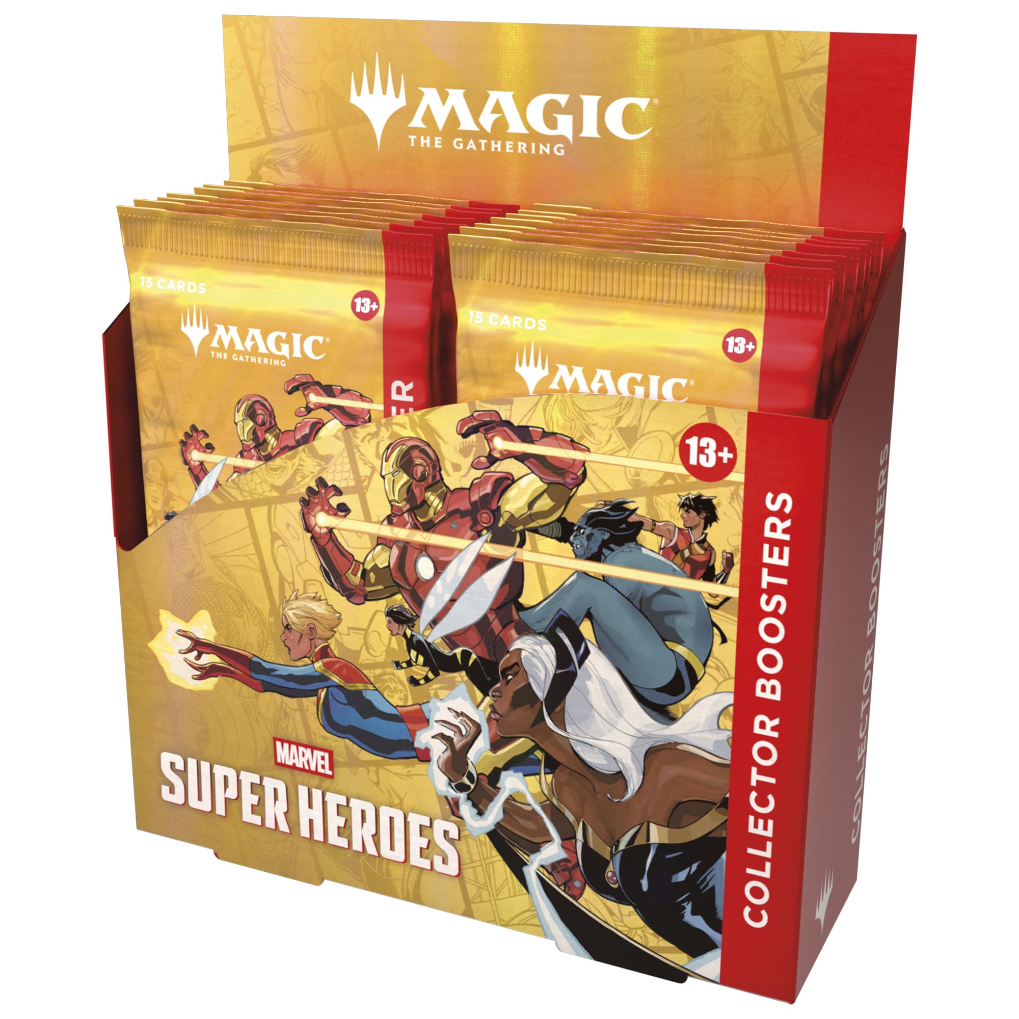 Magic: The Gathering caja frontal Marvel, muestra cartas foil y variantes exclusivas