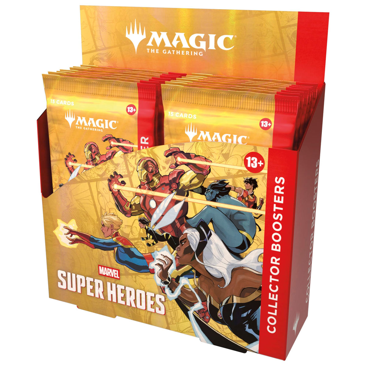 Magic: The Gathering caja frontal Marvel, muestra cartas foil y variantes exclusivas