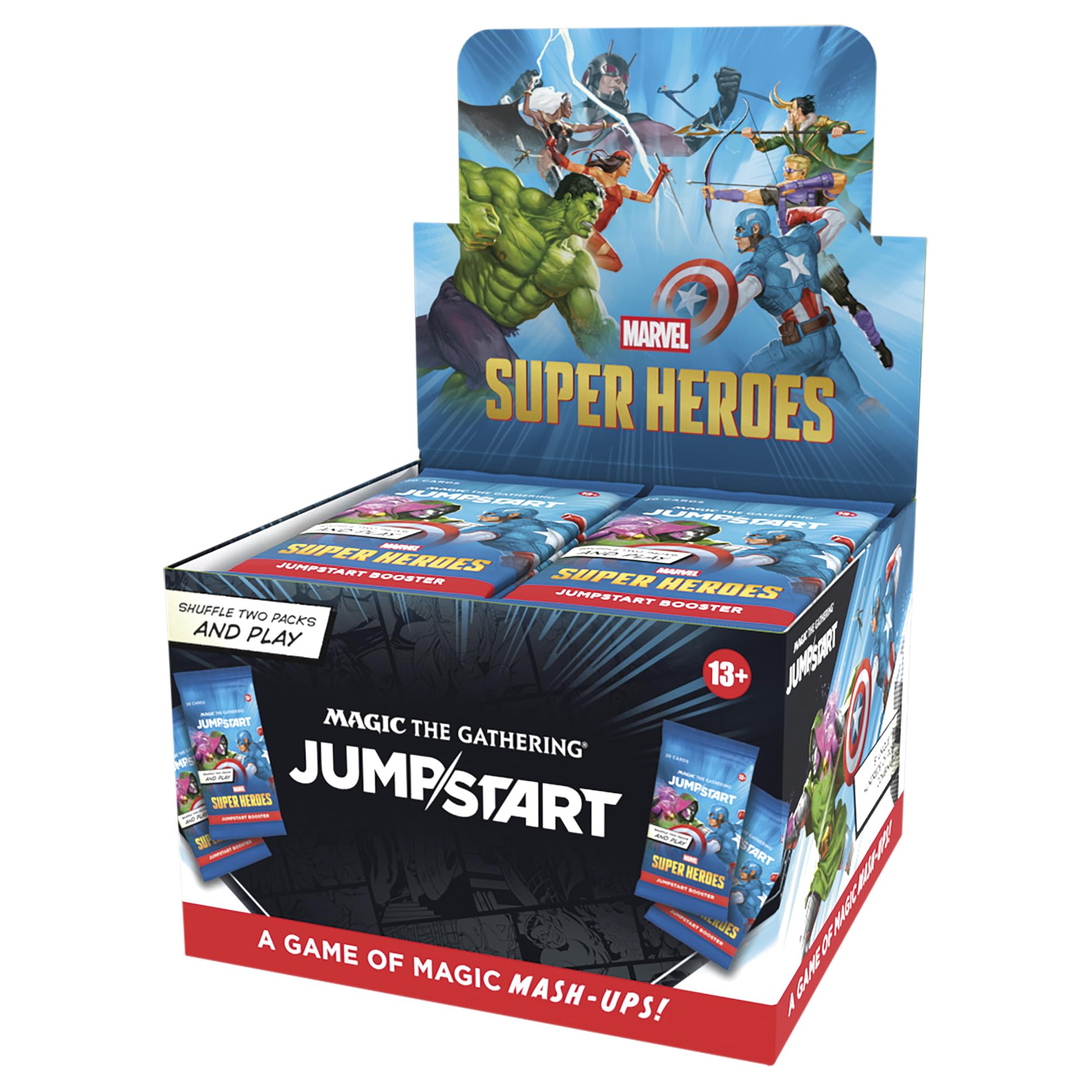 Magic: The Gathering caja frontal Marvel Super Heroes, muestra 24 sobres listos para jugar