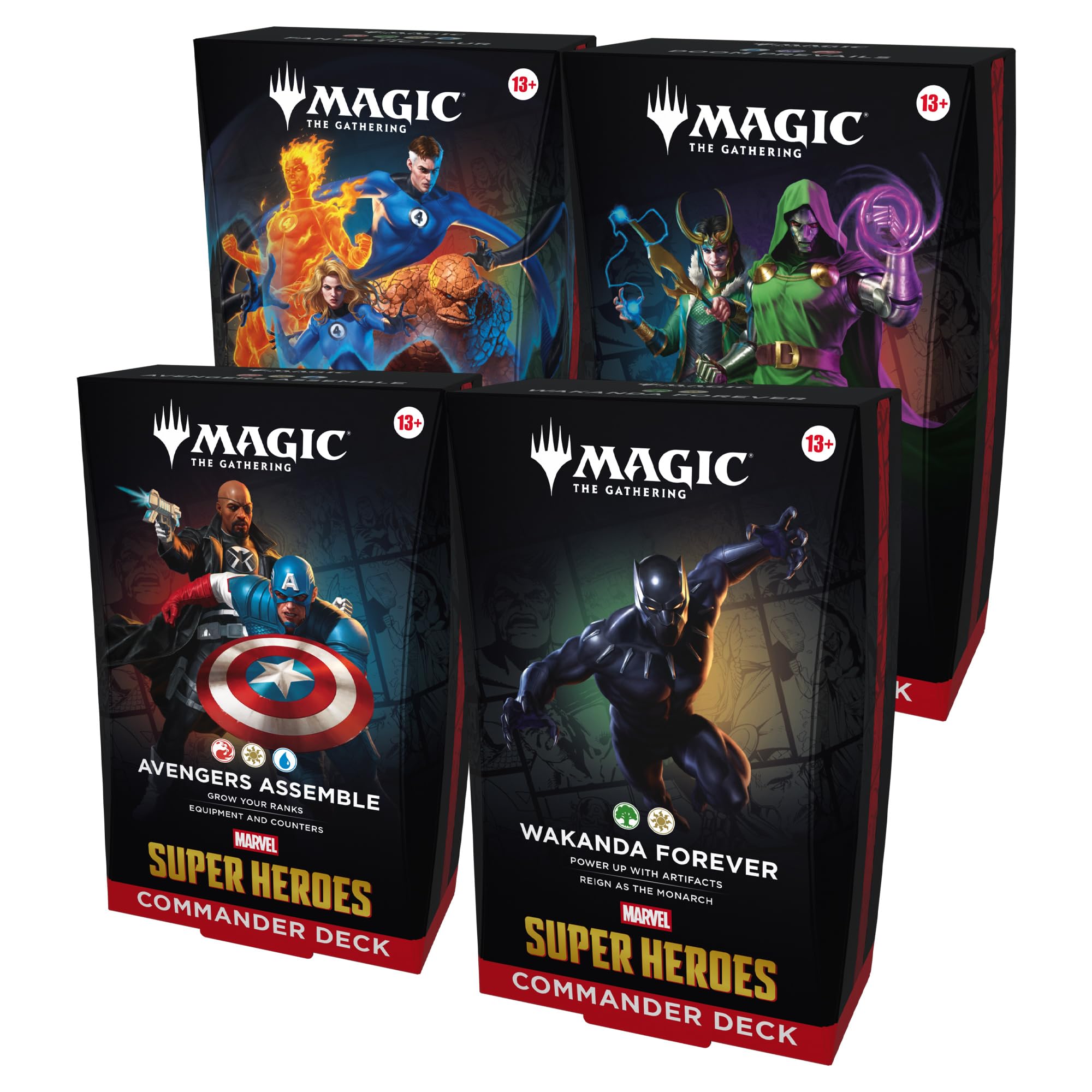 Magic: The Gathering paquete frontal mostrando las cuatro cajas y cartas foil para juego y colección