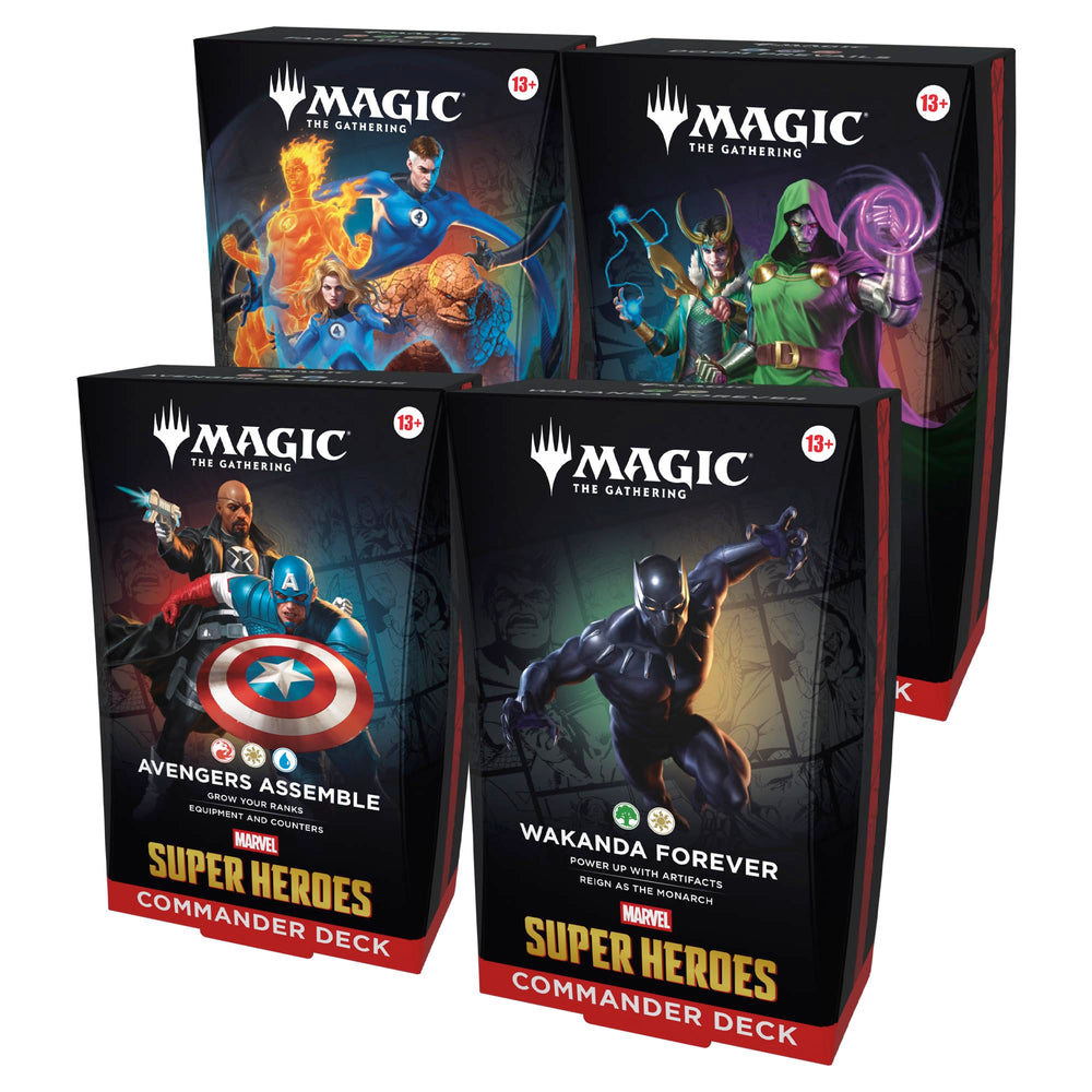 Magic: The Gathering paquete frontal mostrando las cuatro cajas y cartas foil para juego y colección