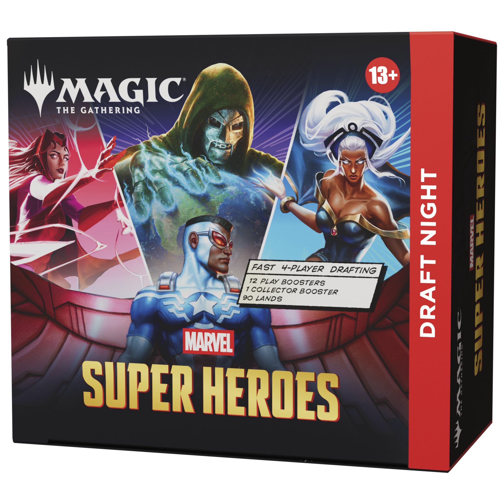 Magic: The Gathering box front showing Marvel Super Heroes artwork and kit contents, perfect for game night