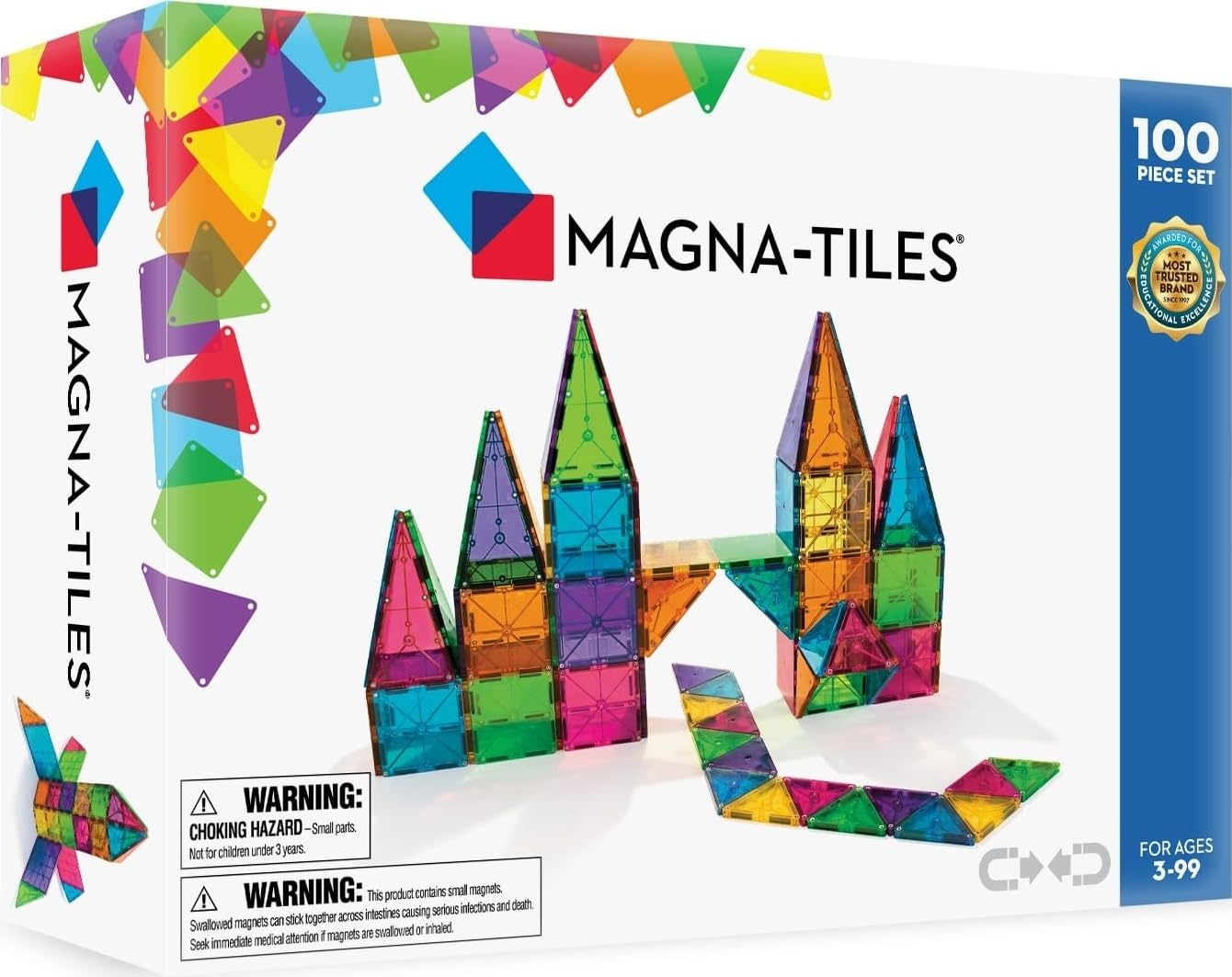 MAGNA-TILES vista frontal del paquete Classic 100, ideal para jugar en familia