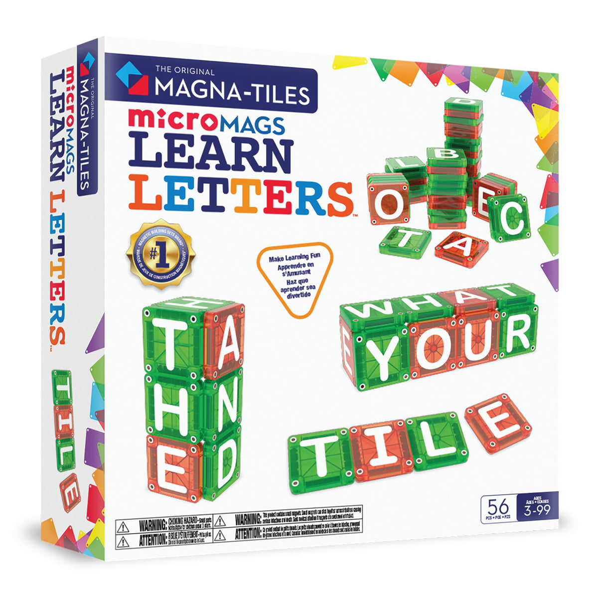 MAGNA-TILES empaque frontal que muestra 56 microMAGS y beneficios educativos