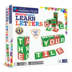 MAGNA-TILES empaque frontal que muestra 56 microMAGS y beneficios educativos