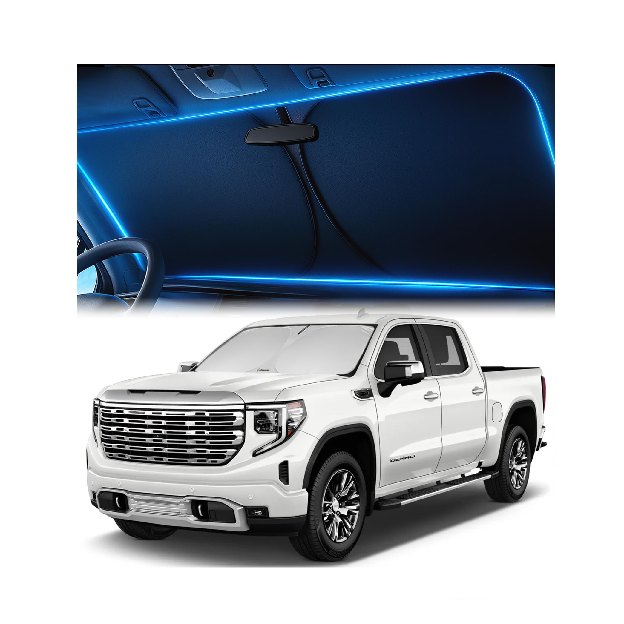 Magnelex parasol frontal instalado en GMC Sierra protege interior del calor