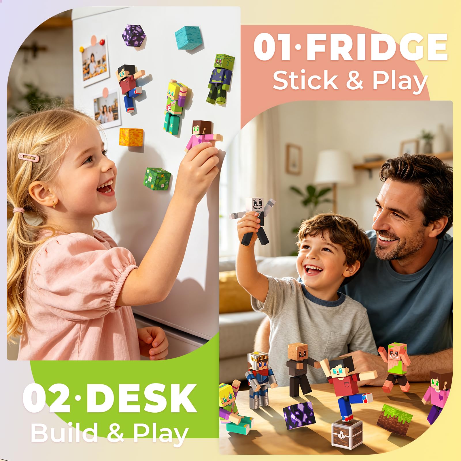 Magneverse figures hanging on refrigerator illustrating vertical display and fun decor