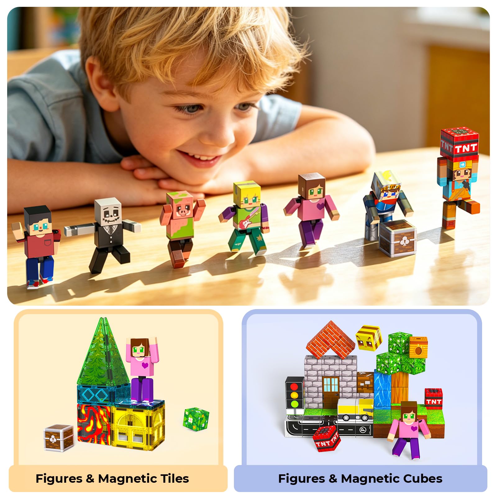 Magneverse figures integrated with magnetic building blocks demonstrating interactive play