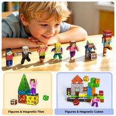 Magneverse figures integrated with magnetic building blocks demonstrating interactive play