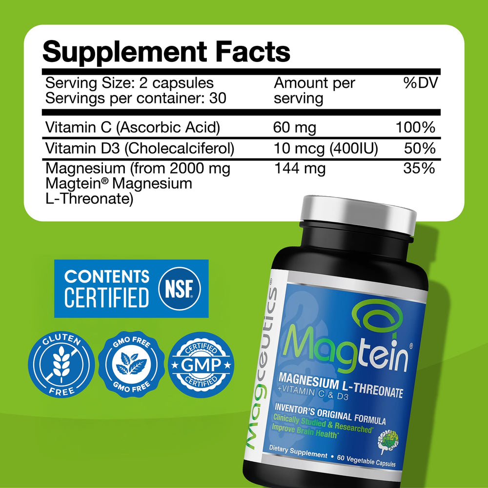 Imágenes de ingredientes Magtein con vitaminas C y D destacadas, beneficio soporte integral