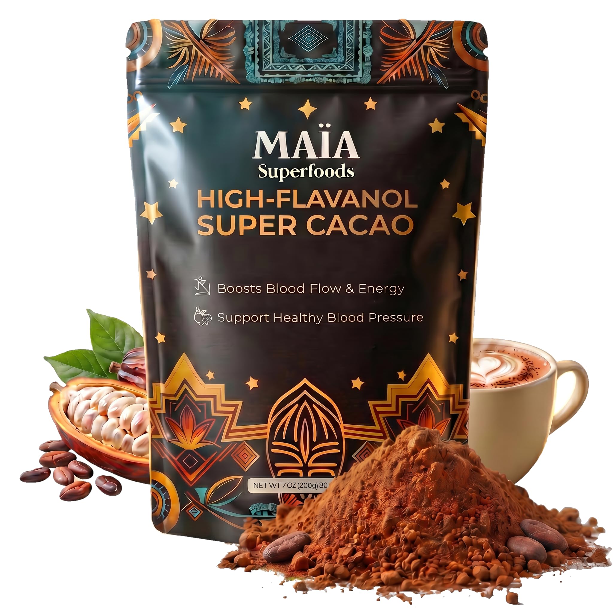 MAÏA SUPERFOODS envase frontal del cacao ceremonial mostrando pureza y origen