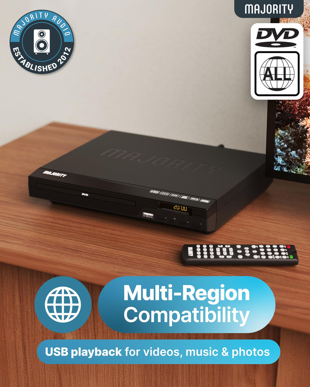 Majority puertos HDMI y RCA mostrando conexiones para TV y proyector