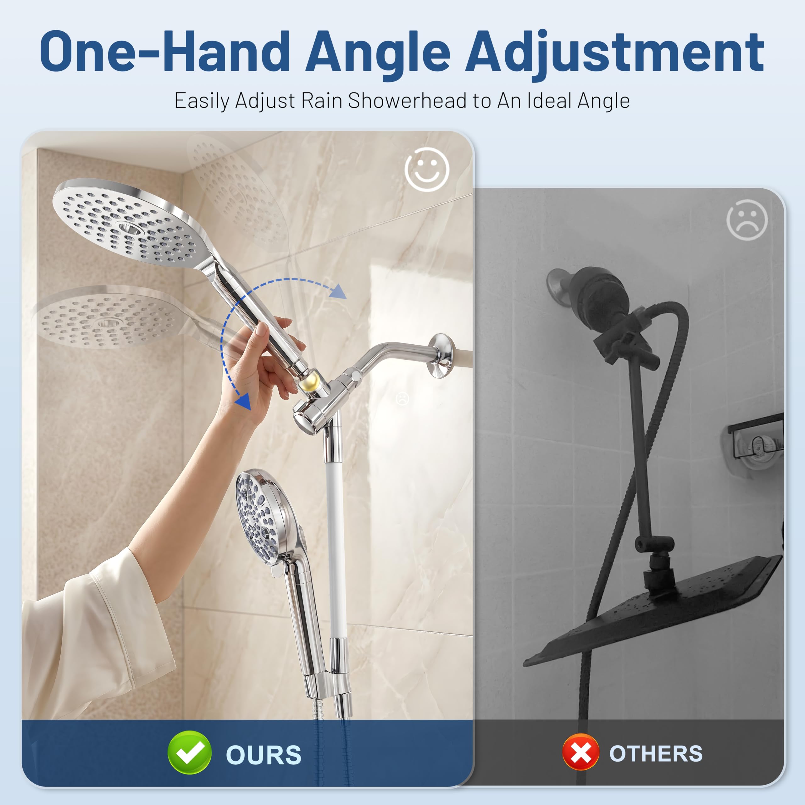 MakeFit brazo flexible doblado posicionando la ducha de mano para comodidad