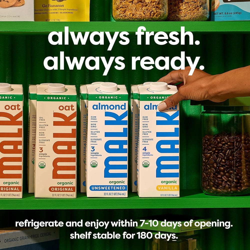 MALK caja de 6-pack apilada, beneficio de ahorro y stock en despensa