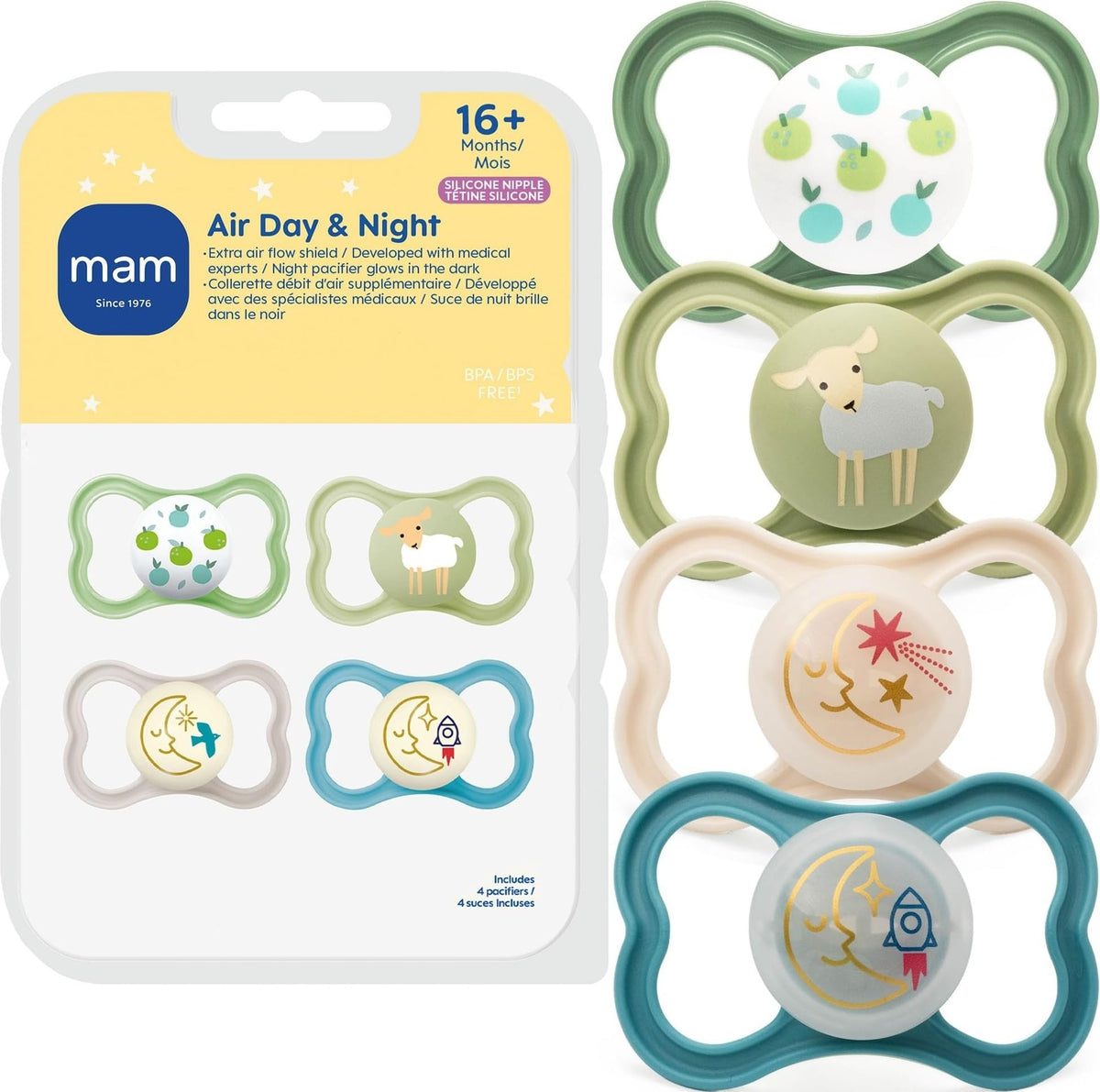 MAM chupete frontal pack de 4 mostrando diseño y color, comodidad inmediata