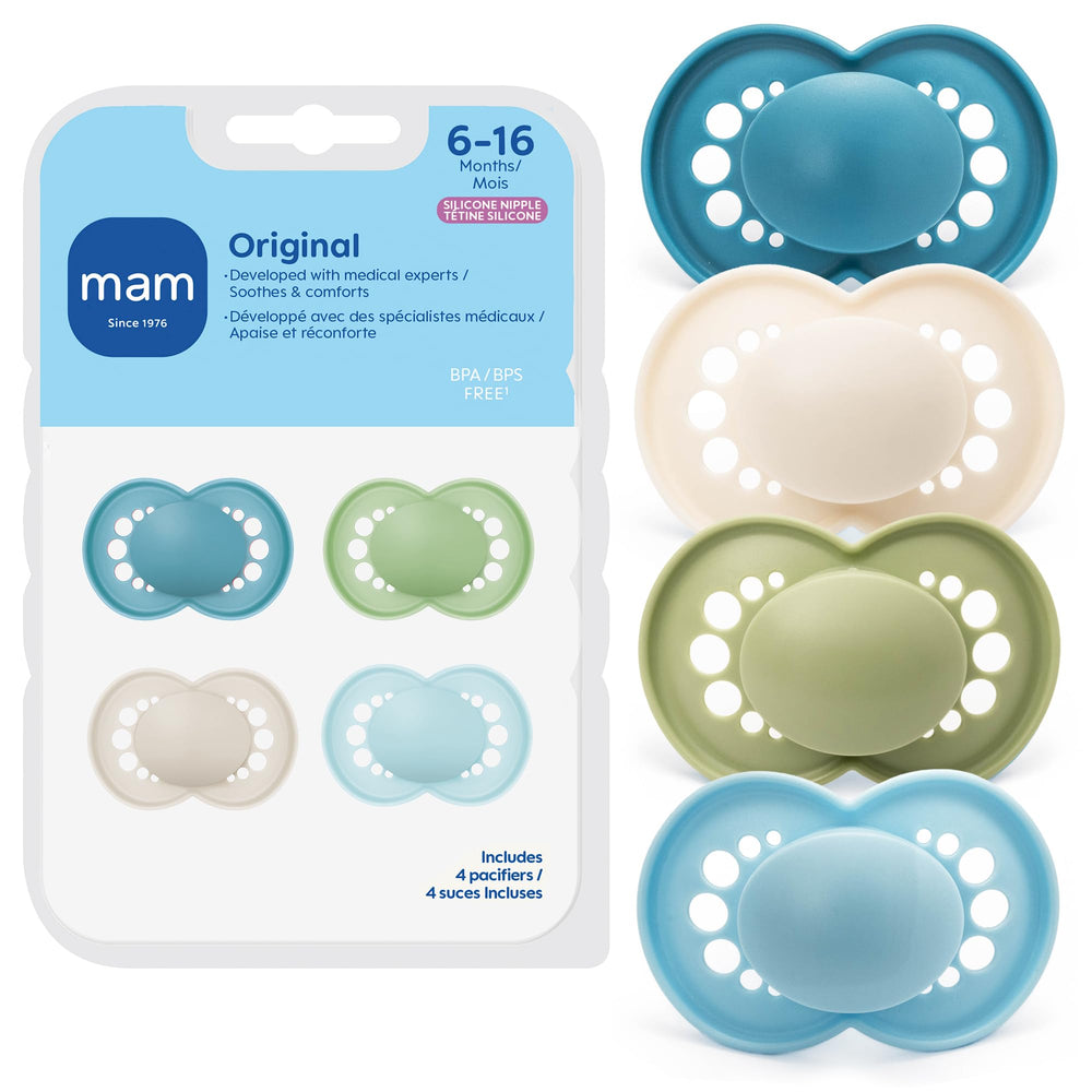 MAM chupete pack frontal mostrando cuatro unidades y colores, comodidad inmediata