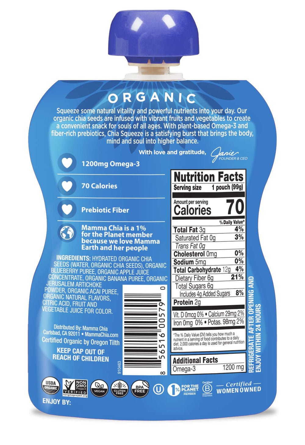 Mamma Chia envase abierto en mano para consumo rápido y portátil