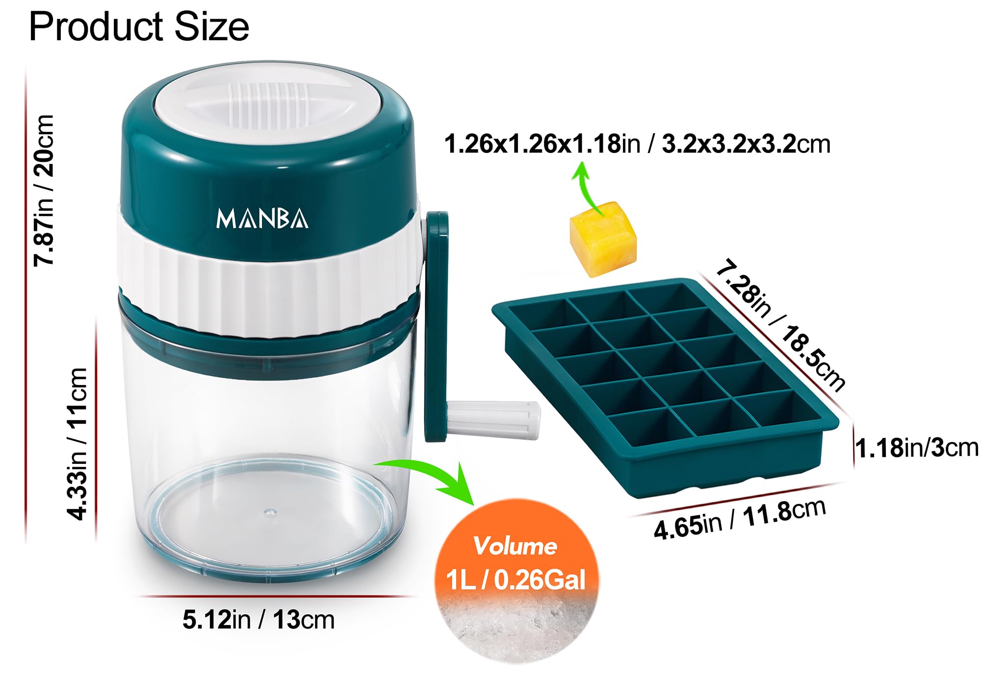 MANBA comparación de tamaño junto a un vaso para referencia visual
