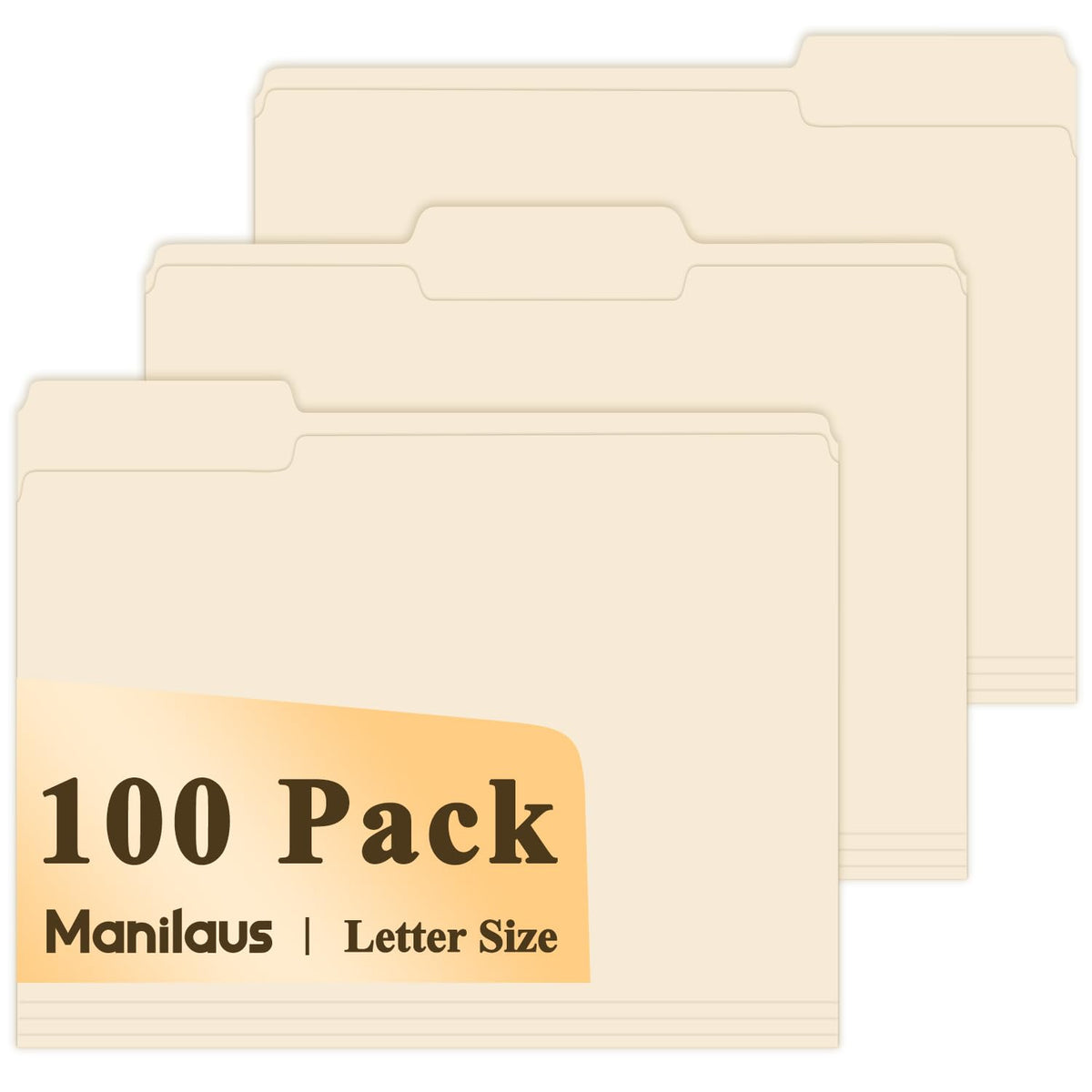 Manilaus empaque frontal mostrando paquete de 100 carpetas, ahorro y stock
