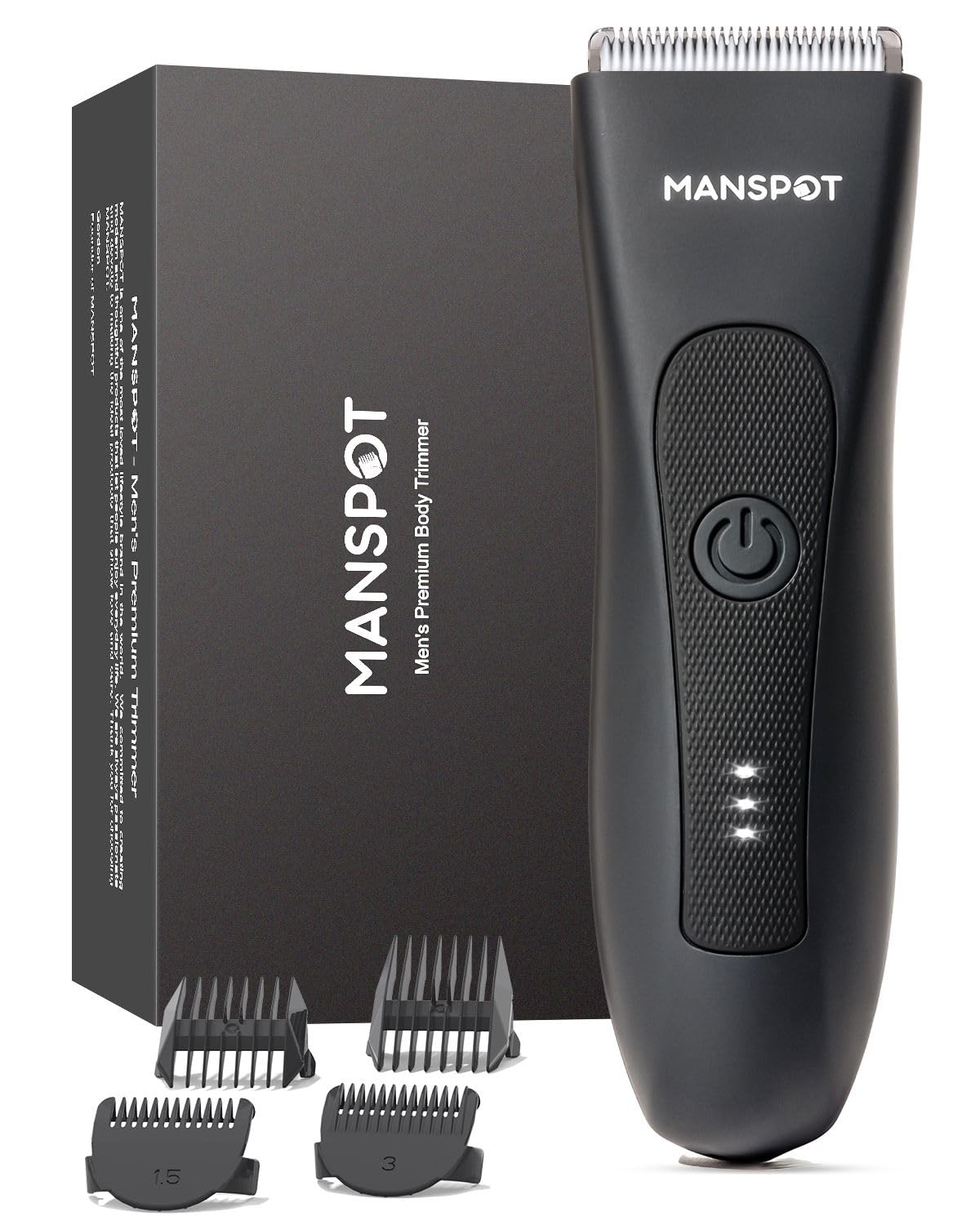 MANSPOT vista frontal del paquete muestra diseño y controles, práctico y compacto