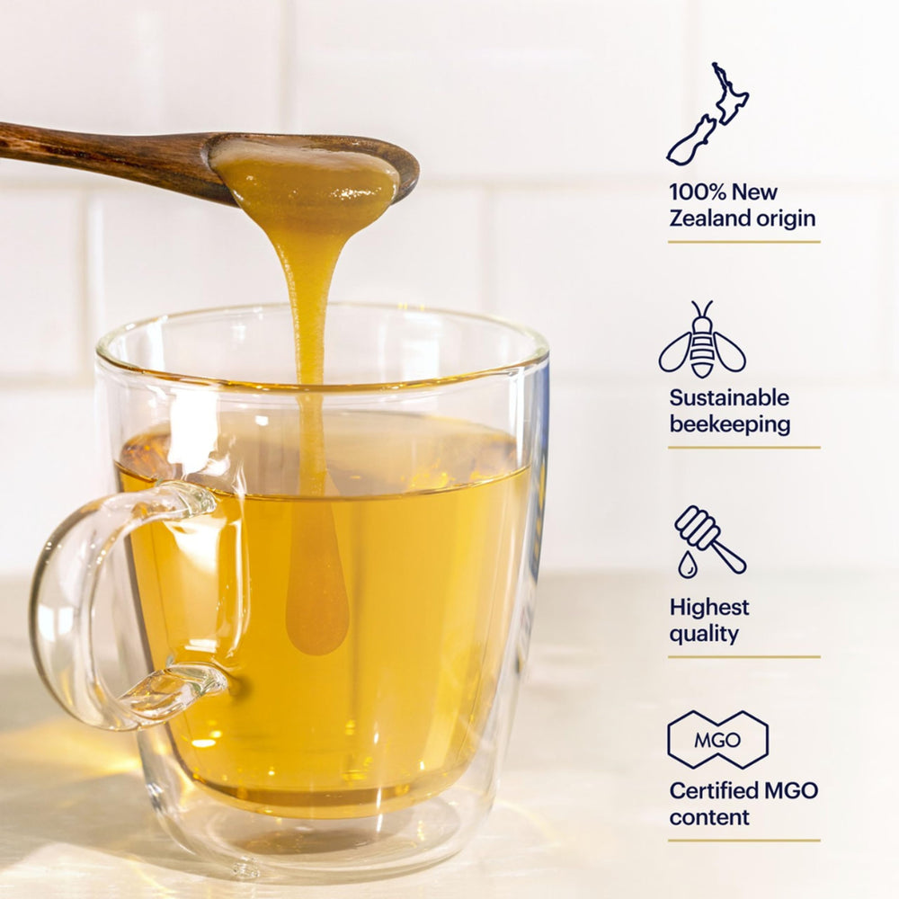 Manuka Health tarro junto a frutas para comparar tamaño y porción práctica