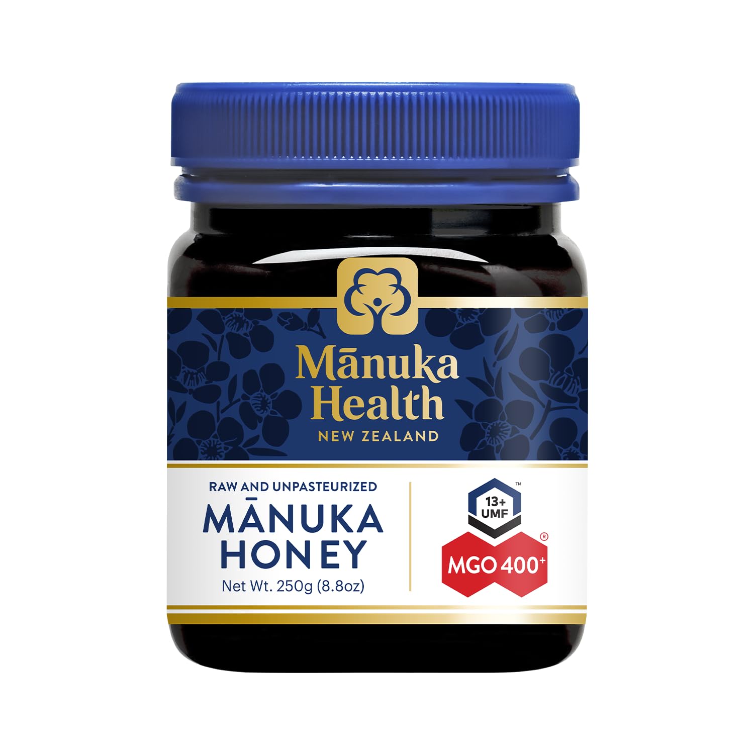 Manuka Health frasco frontal mostrando etiqueta UMF 13+ y MGO 400+ beneficio autenticidad