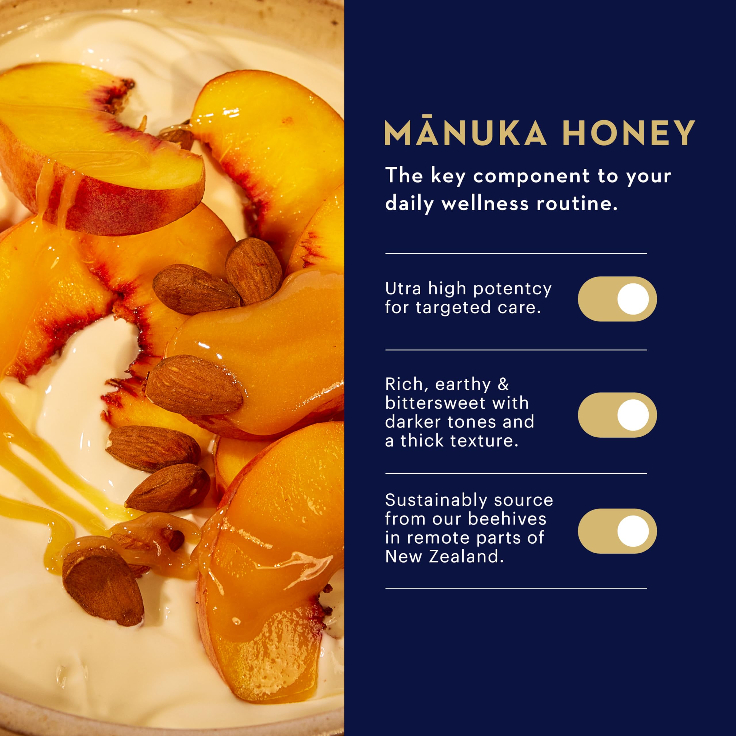 Manuka Health textura cremosa de miel en cucharada destacando pureza y calidad
