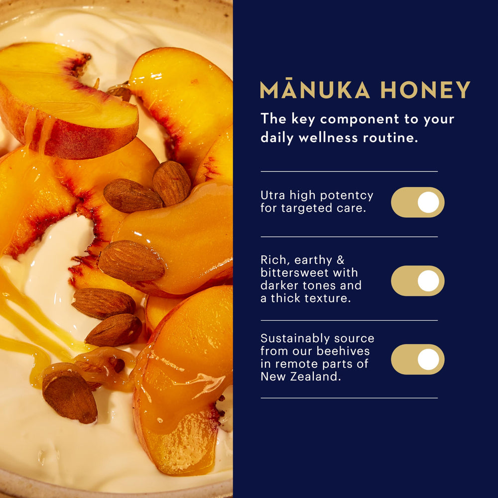 Manuka Health textura cremosa de miel en cucharada destacando pureza y calidad