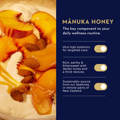 Manuka Health textura cremosa de miel en cucharada destacando pureza y calidad