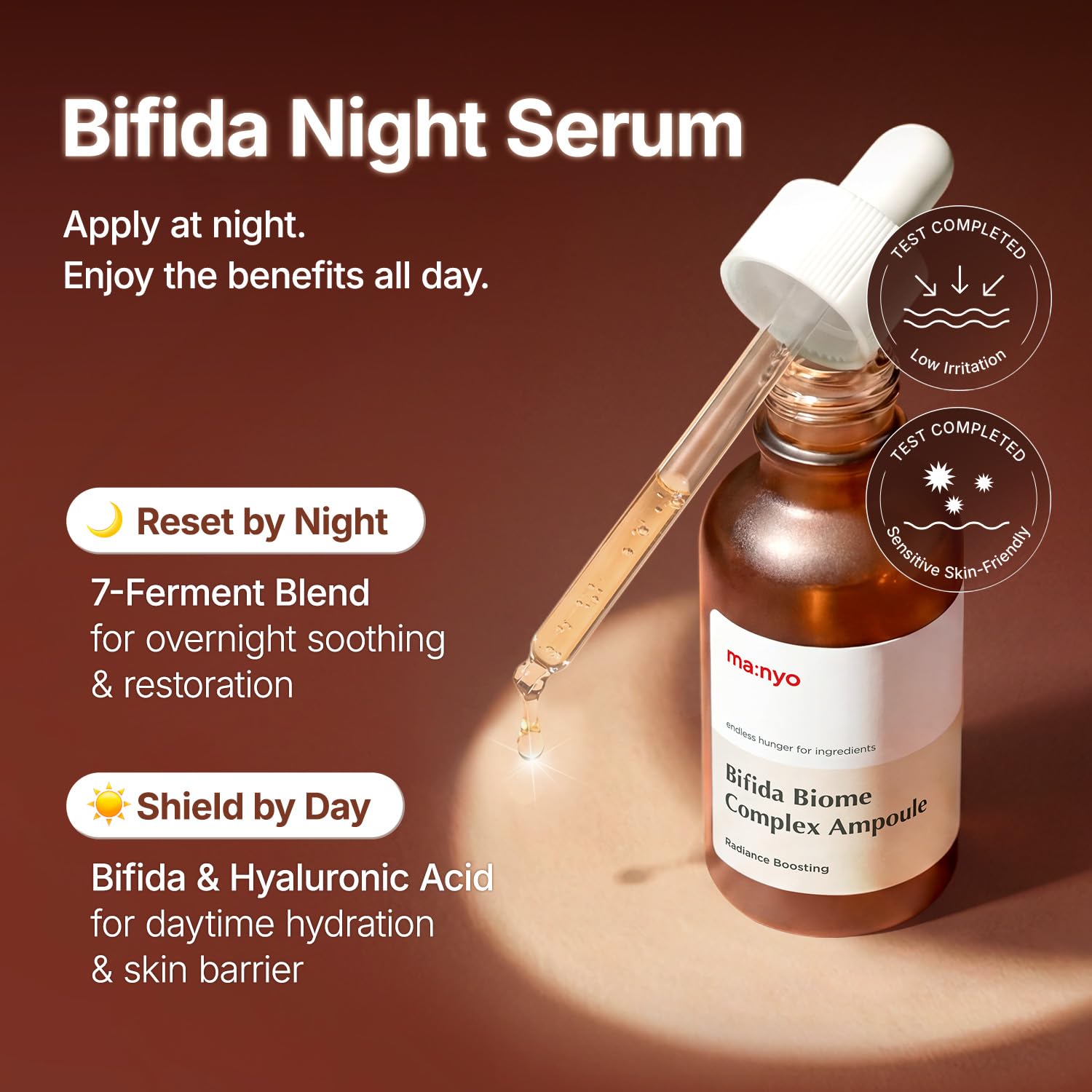 ma:nyo textura del sérum en gota que resalta hidratación y absorción rápida
