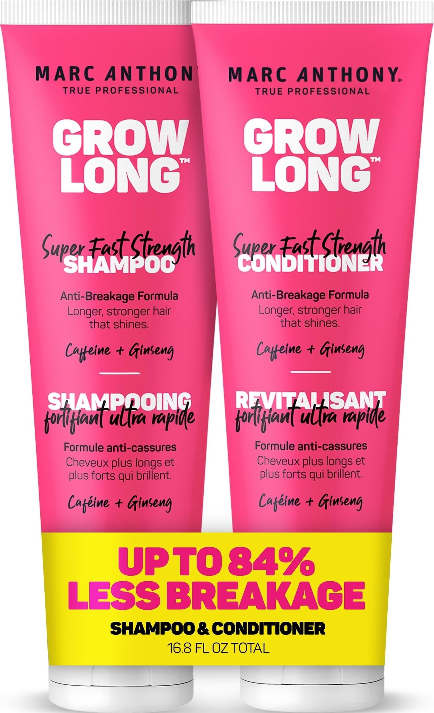 Marc Anthony pack frontal Grow Long mostrando envases y beneficio fortaleza