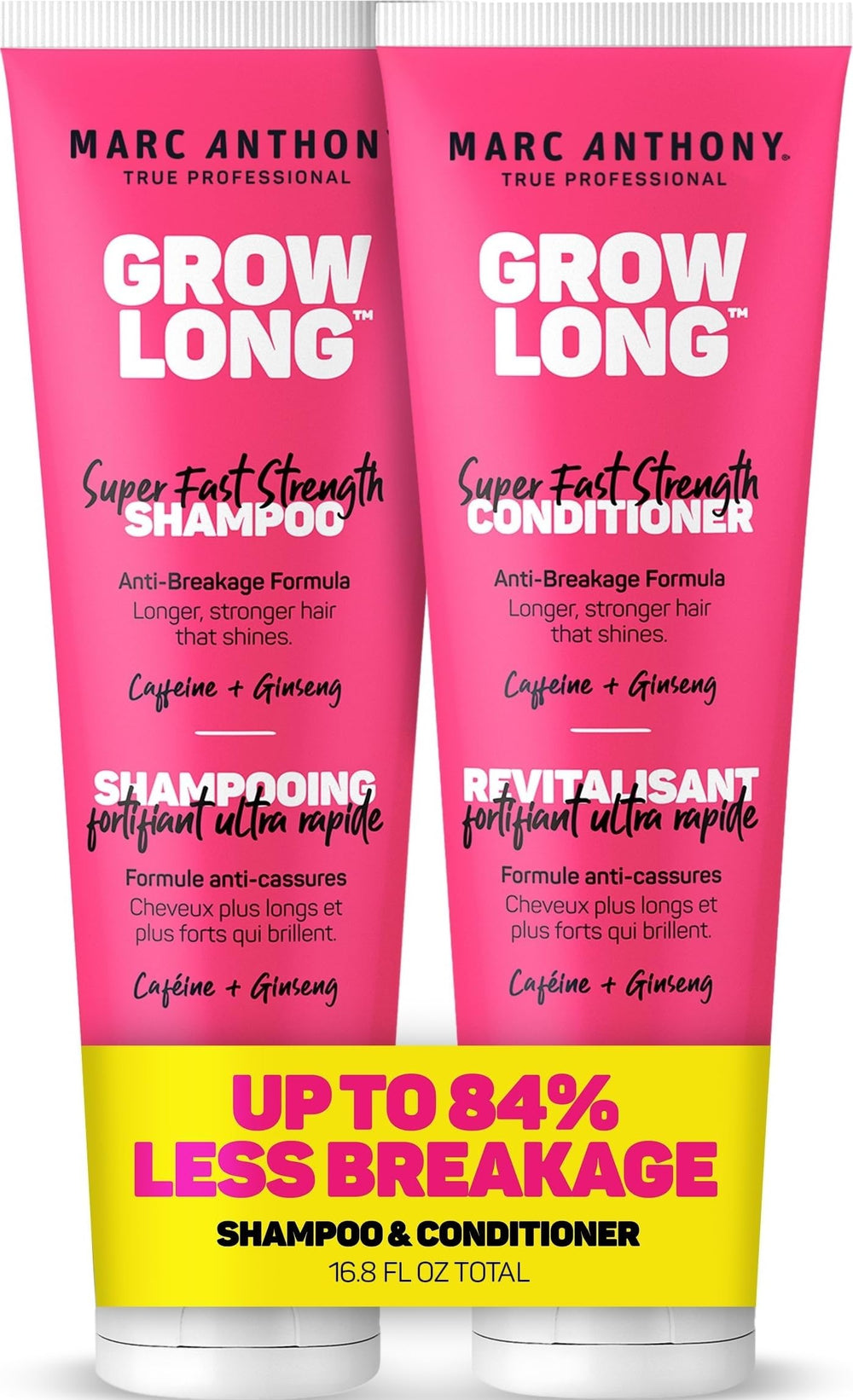 Marc Anthony pack frontal Grow Long mostrando envases y beneficio fortaleza