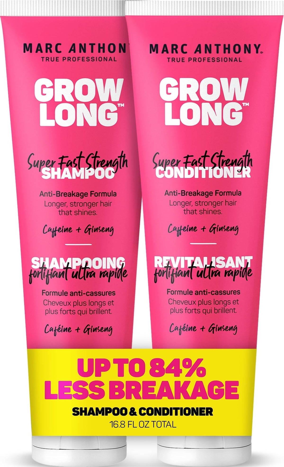 Marc Anthony pack frontal Grow Long mostrando envases y beneficio fortaleza