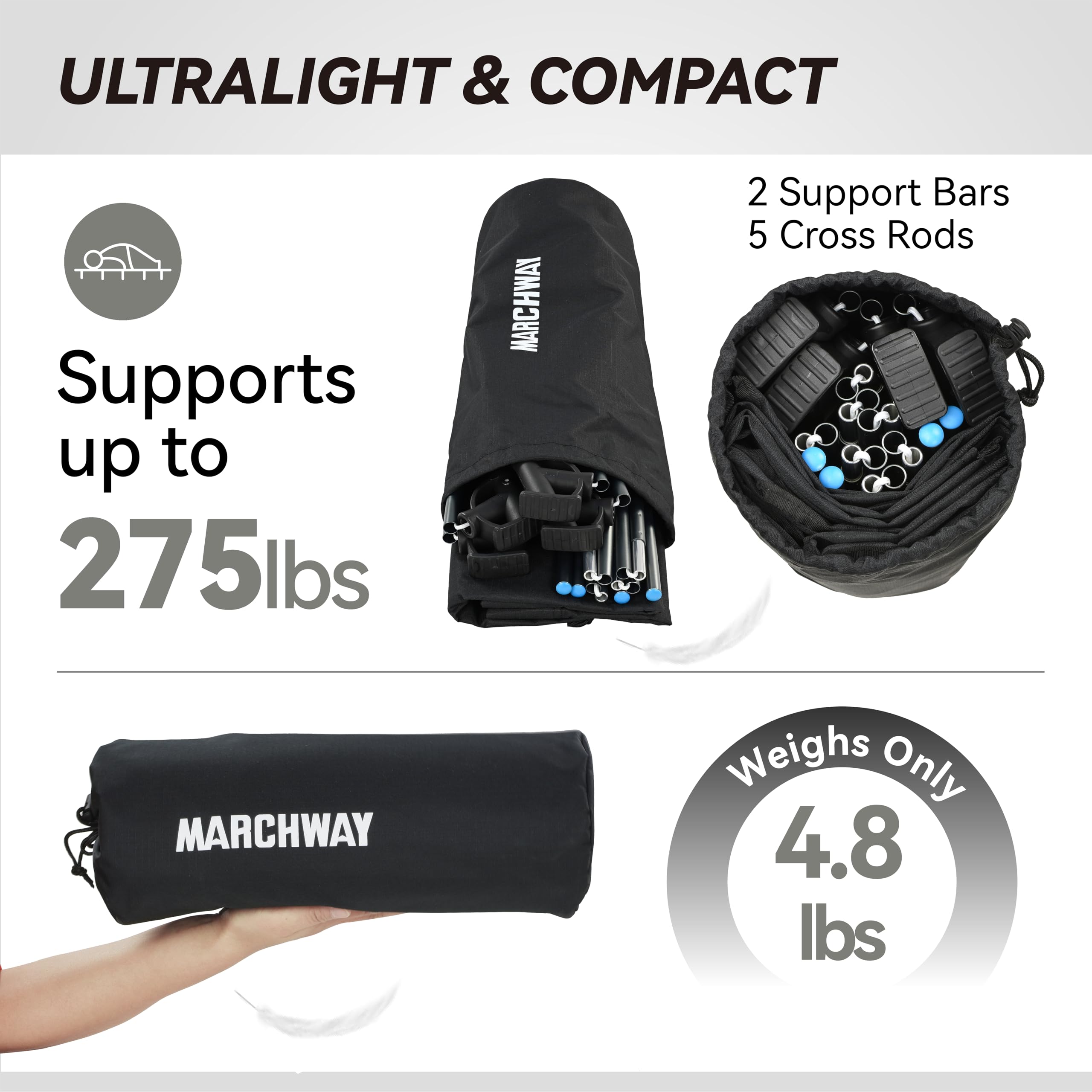 MARCHWAY camastro plegado en su funda compacto listo para transporte