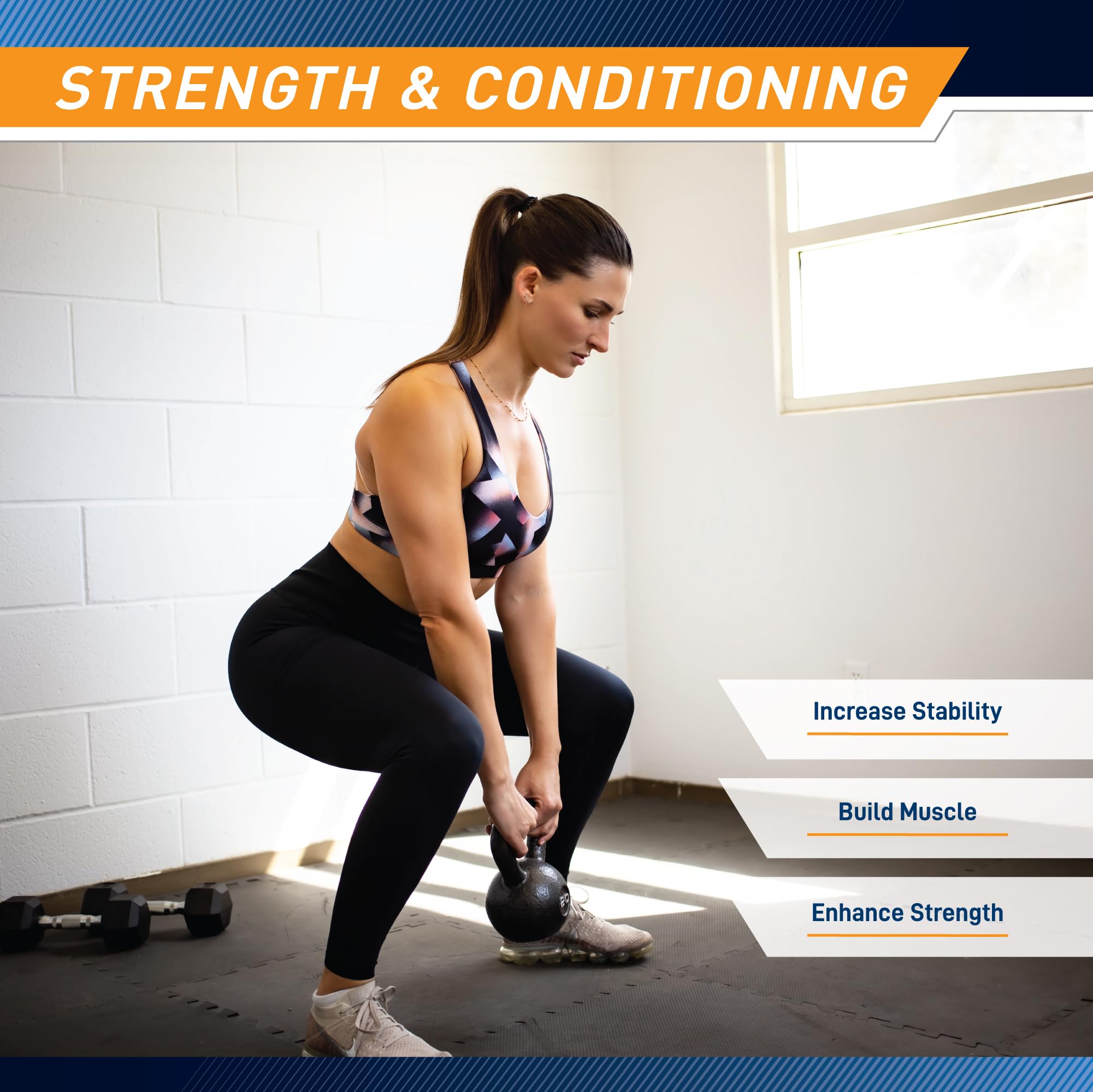 MARCY kettlebell ambientada en gimnasio casero para entreno funcional