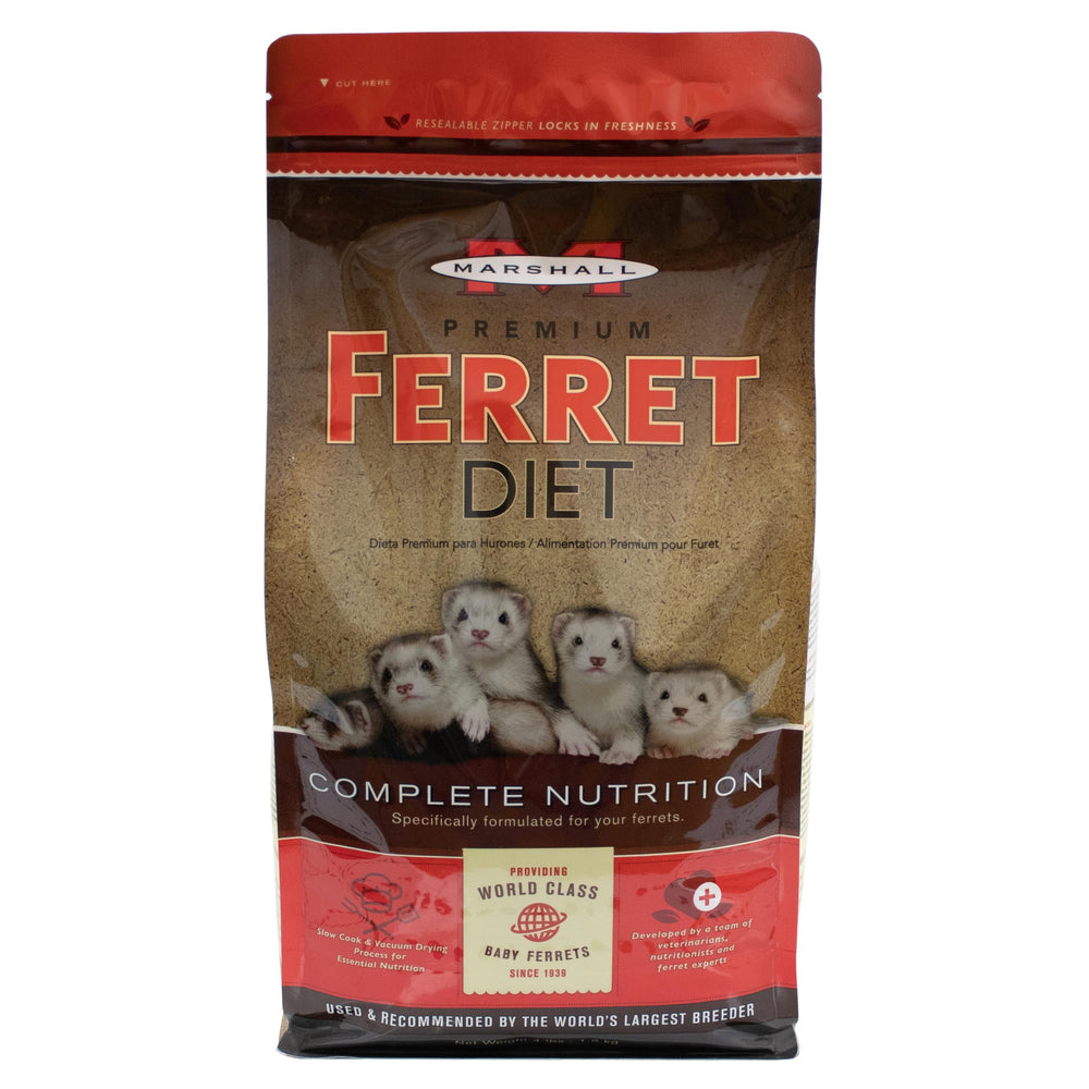 Marshall Pet Products saco frontal mostrando marca y tamaño 4 lb, aporta nutrición completa