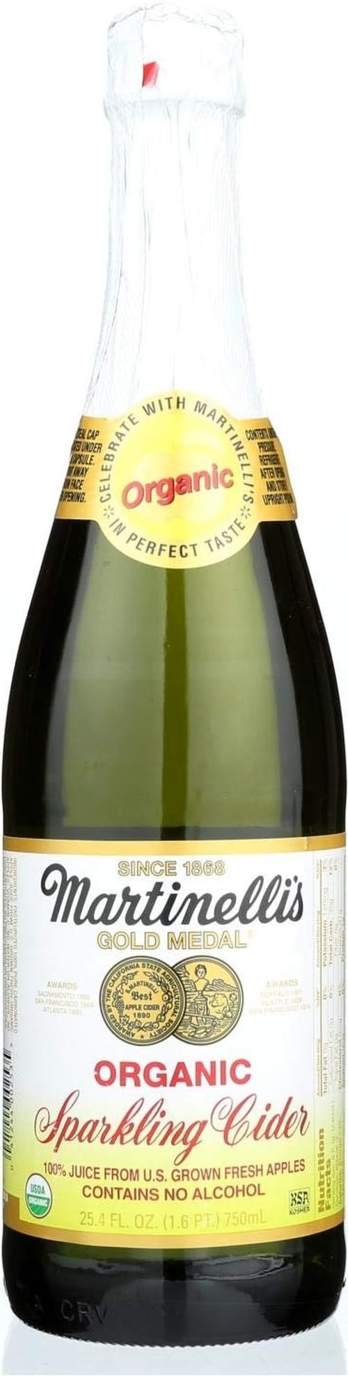 Martinelli's botella frontal mostrando etiqueta orgánica y presentación premium