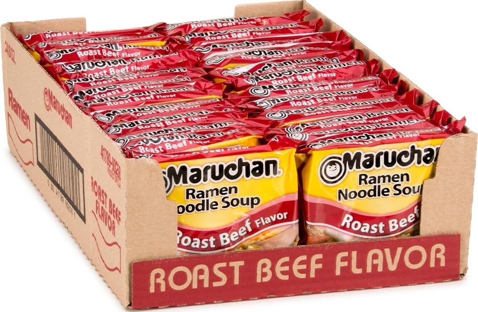 Maruchan primer plano del empaque mostrando sabor roast beef y conveniencia