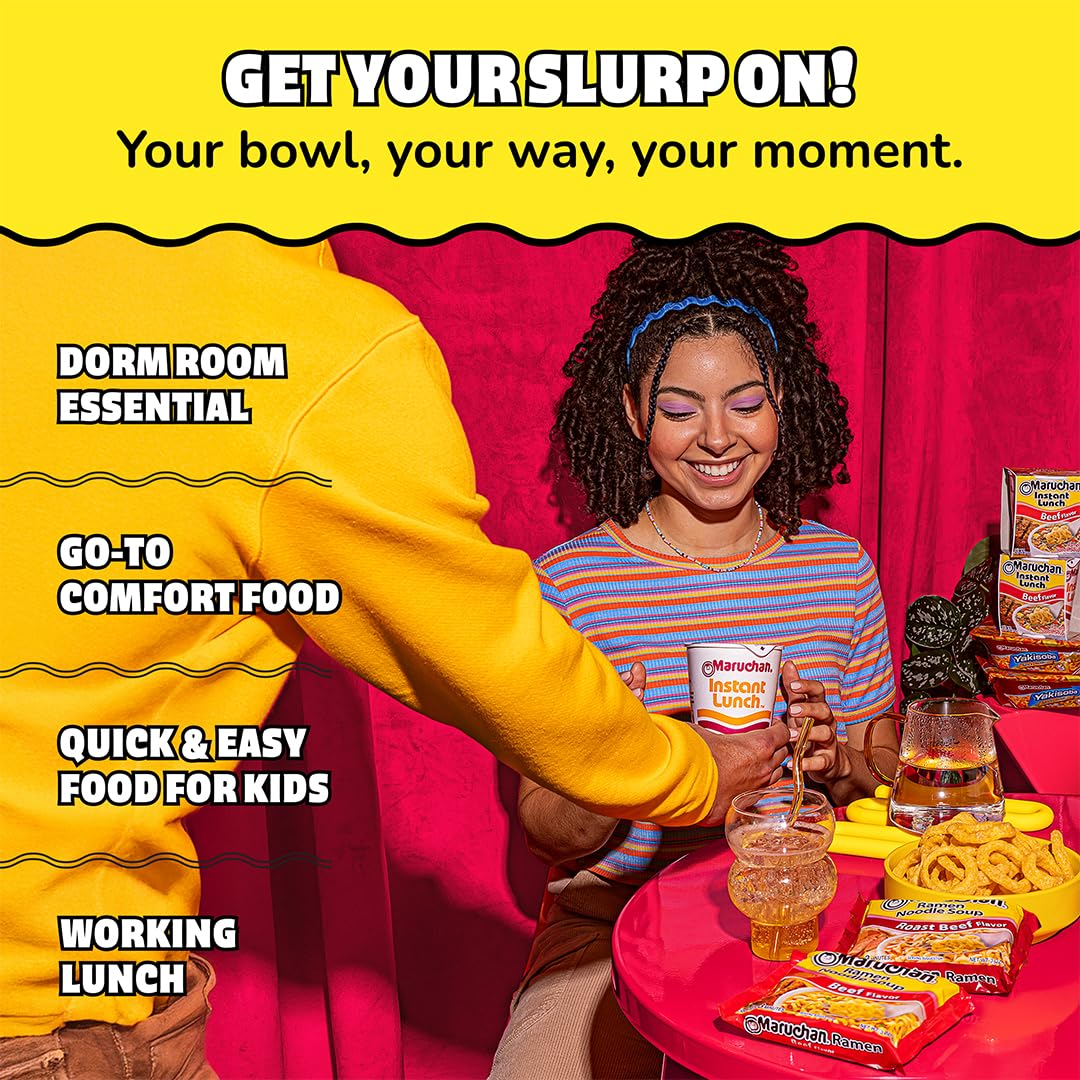 Maruchan comparación de porción junto a utensilios para referencia de tamaño