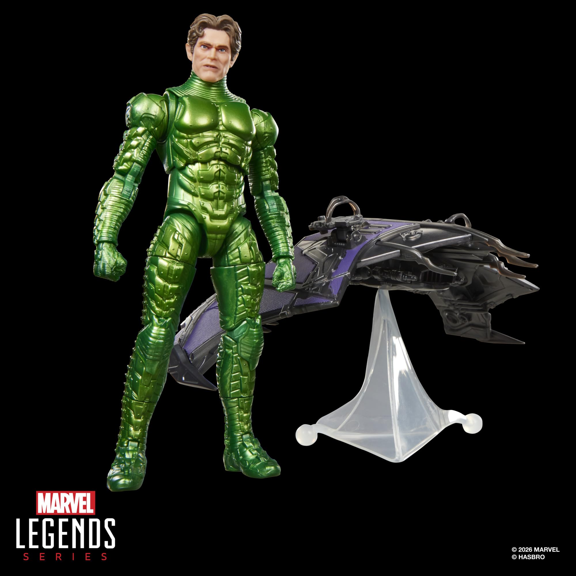 Marvel Green Goblin con planeador y soporte mostrando pose aérea estable