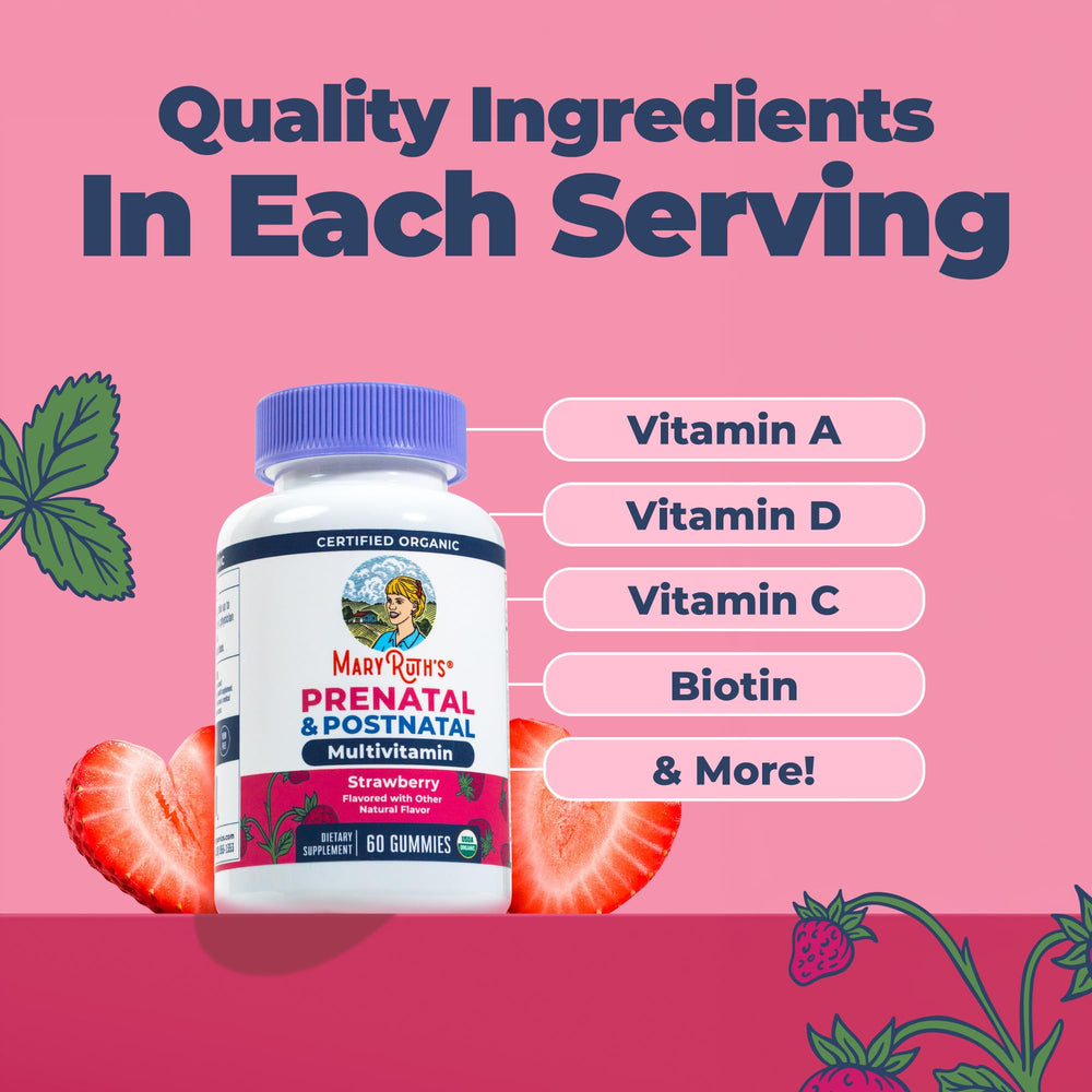 MARYRUTH'S botella junto a folletos y suplementos prenatales complementarios