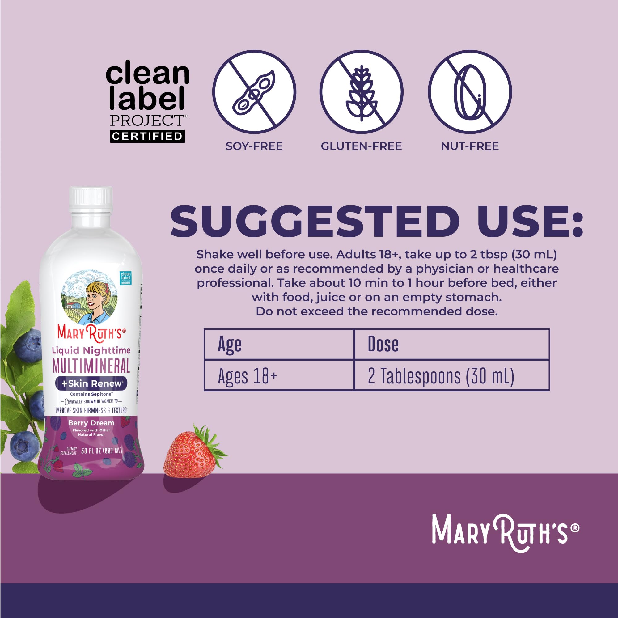 MARYRUTH'S bottle side with clear mineral ingredient list visible
