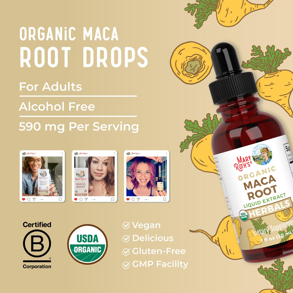 MARYRUTH'S empaque con sellos USDA Organic y B Corp visibles