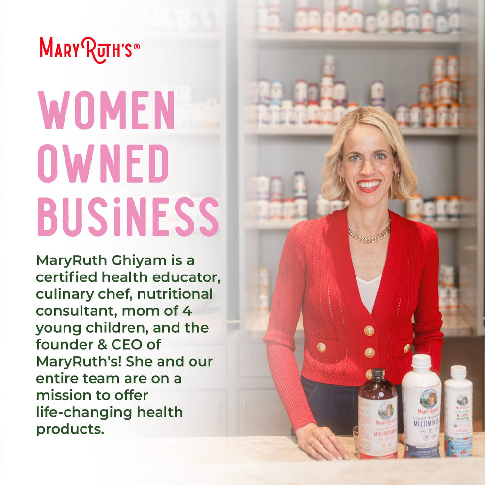 MARYRUTH'S botella en entorno natural con plantas, imagen de producto responsable