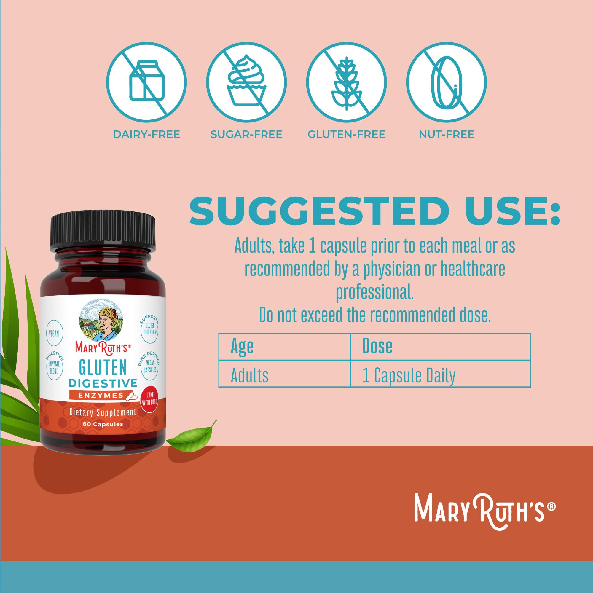 MARYRUTH'S etiqueta con lista de enzimas y certificaciones visibles