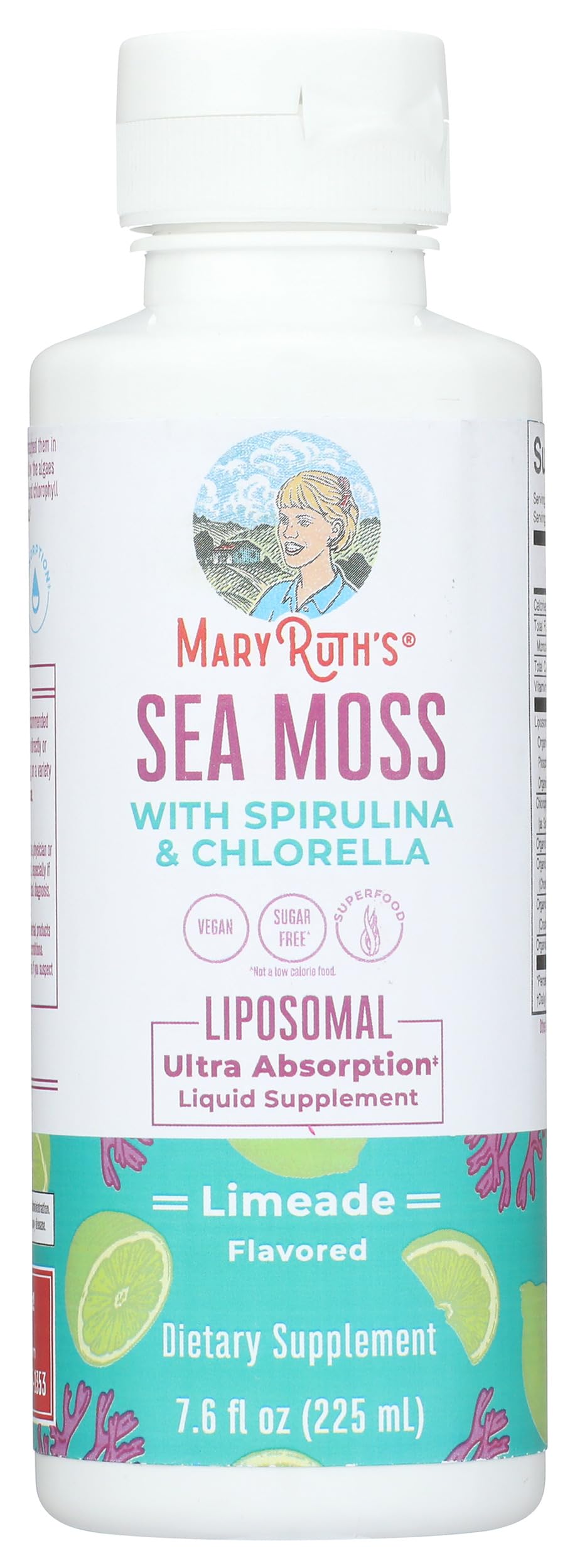 MARYRUTH'S etiqueta con lista de ingredientes y certificaciones visibles