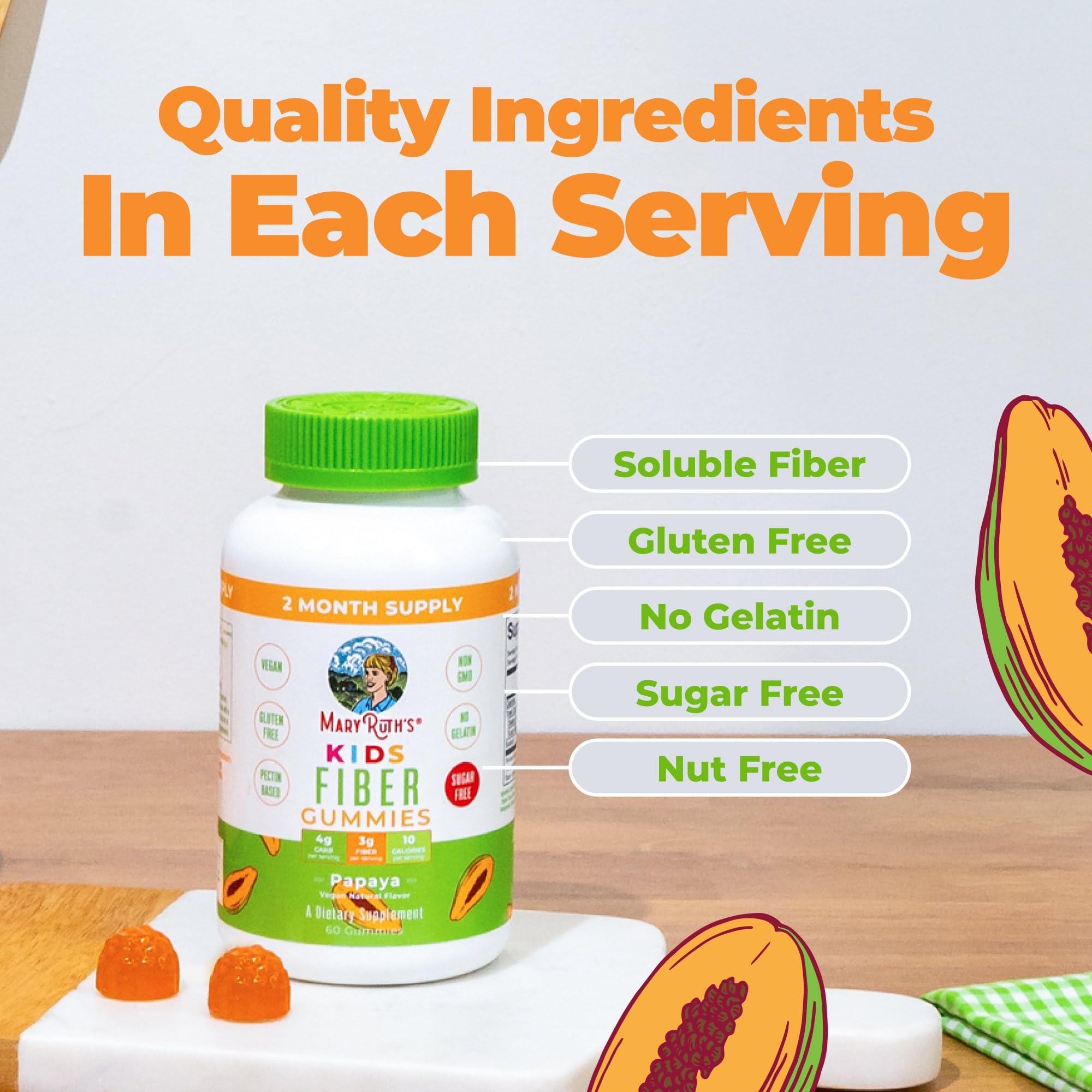 MARYRUTH'S etiqueta de ingredientes que muestra fibra soluble y pectina